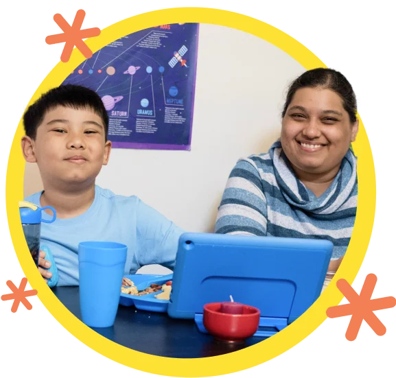 Mother and son eating