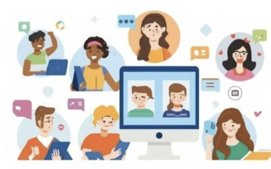 Illustrated graphic showing multiple people connected through a video call, with a central computer screen displaying two participants and surrounding individuals using laptops and tablets, along with chat and message icons representing online communication and connection.