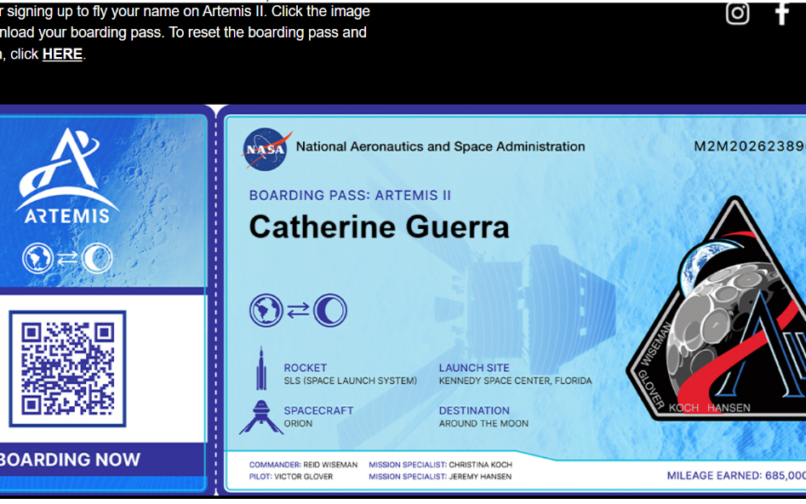 NASA Artemis II boarding pass graphic showing the name Catherine Guerra. The pass includes mission details for a flight around the Moon aboard the Orion spacecraft launched by the Space Launch System (SLS) from Kennedy Space Center, Florida, and displays a QR code and Artemis II mission patch.